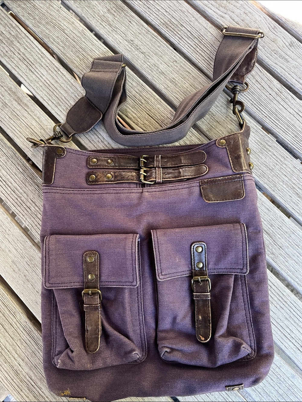 Sundance Purple Canvas Explorer Crossbody Bag  Brown Leather Accents Saddle